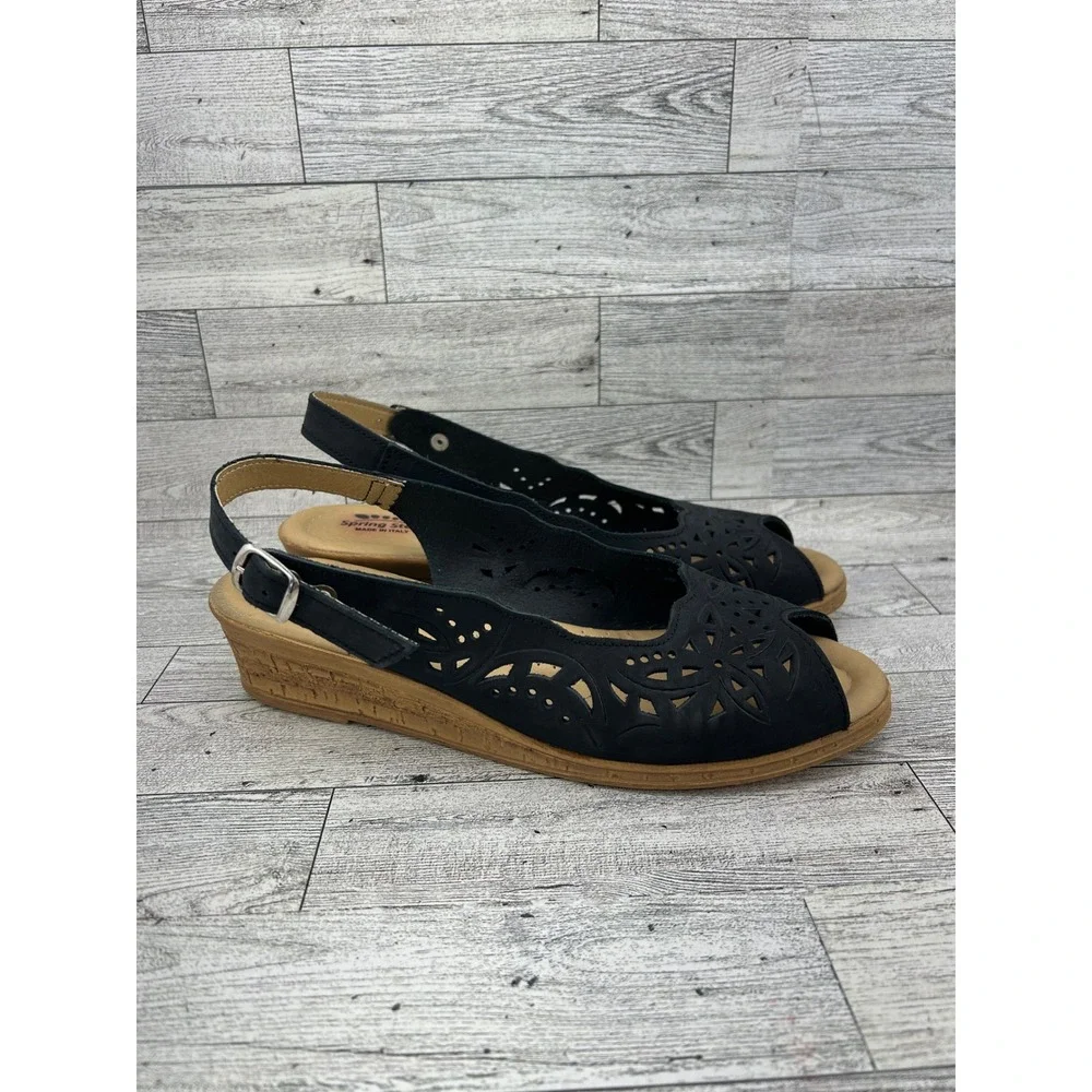 Spring Step Women Black Leather Perforated Slingback Wedge Sandals Size 41‎